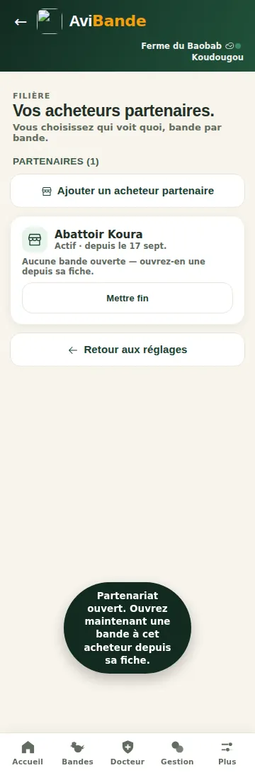 Écran Vos acheteurs partenaires : un partenariat actif, aucune bande ouverte, bouton pour ajouter un acheteur
