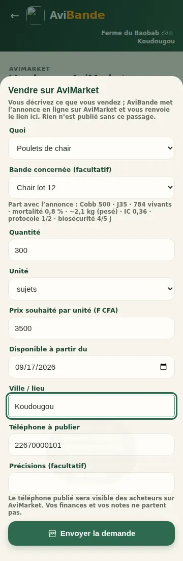 Formulaire Vendre sur AviMarket : la fiche du lot qui partira avec la demande, quantité, prix souhaité, disponibilité