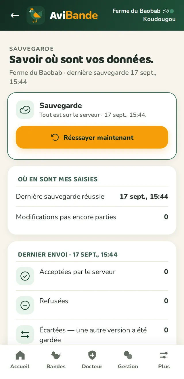 Écran Sauvegarde : tout est sur le serveur, dernière sauvegarde réussie, modifications pas encore parties, dernier envoi