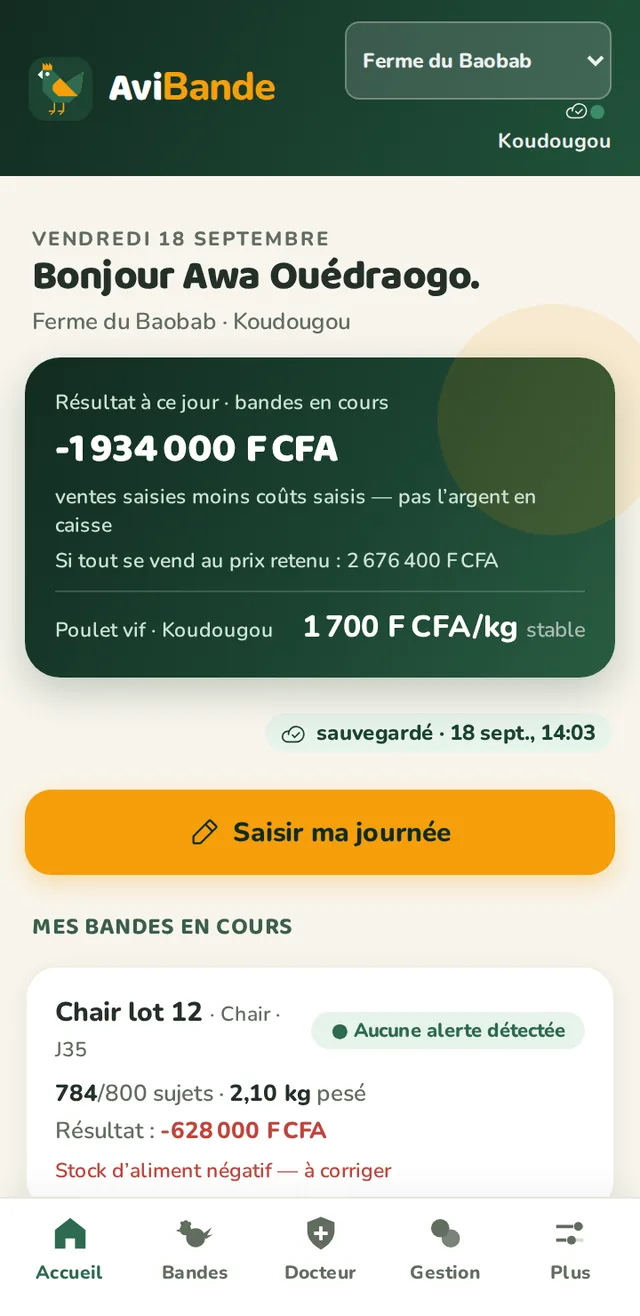 Accueil d'un promoteur avec deux fermes, sélecteur de ferme en haut