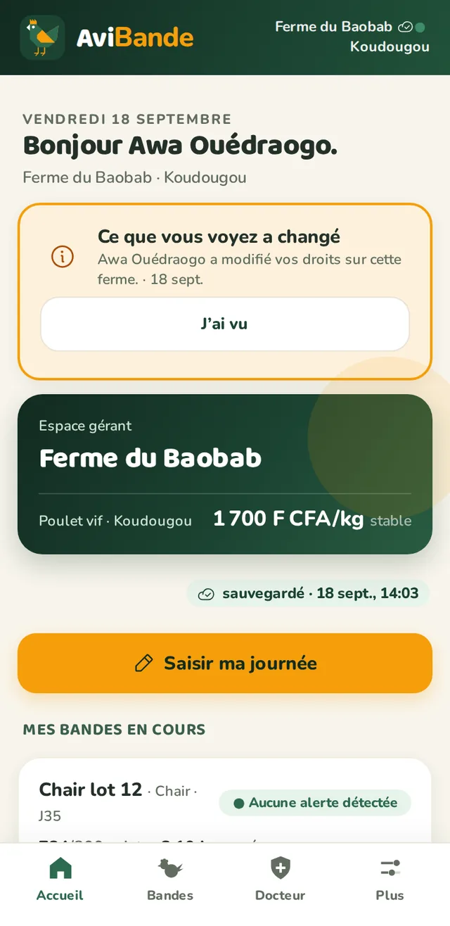 Accueil d'un gérant affichant l'avis « Ce que vous voyez a changé » avec le bouton J'ai vu