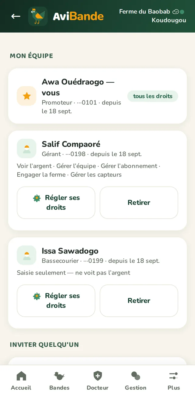 Écran Mon équipe : la liste des membres avec leur rôle et leurs droits, une invitation en attente, et les boutons pour inviter