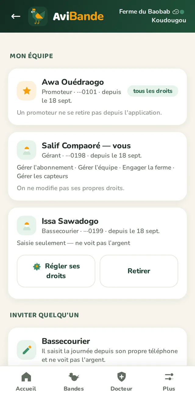 Écran Mon équipe vu par un gérant : le promoteur et lui-même non modifiables, et un seul bouton d'invitation, bassecourier