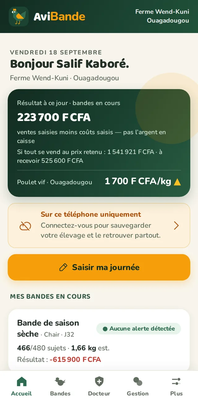 Accueil affichant le résultat à ce jour, la projection, les bandes en cours et les tâches du jour