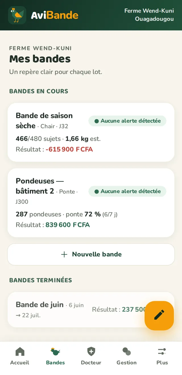 Liste des bandes en cours avec leur âge, leur effectif et leur résultat
