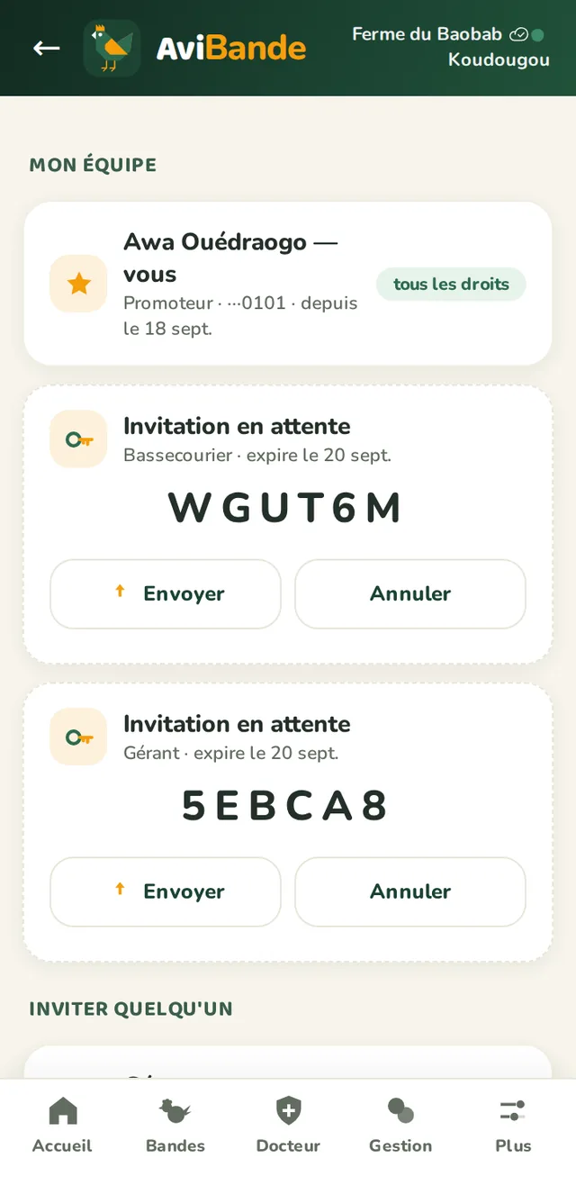 Écran Mon équipe : deux invitations en attente, un code gérant et un code bassecourier, avec les boutons Envoyer et Annuler