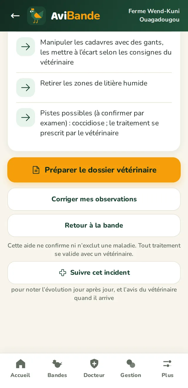Suite des gestes et bouton pour transmettre le dossier au vétérinaire par WhatsApp