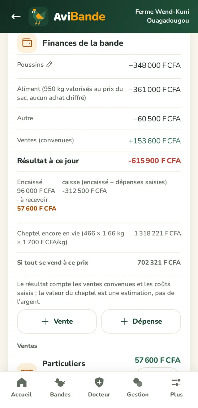 Détail financier de la bande : poussins, aliment, dépenses, ventes encaissées et résultat