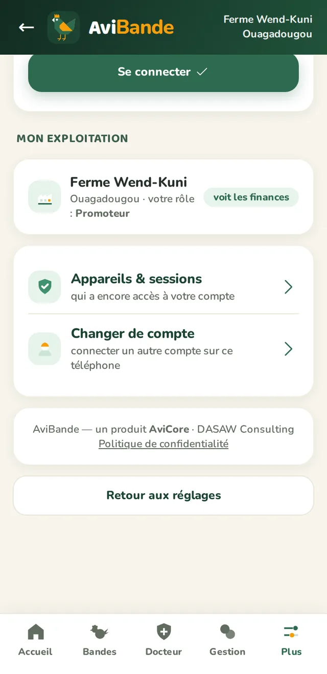 Carte Mon exploitation affichant le rôle sur la ferme et la mention voit les finances
