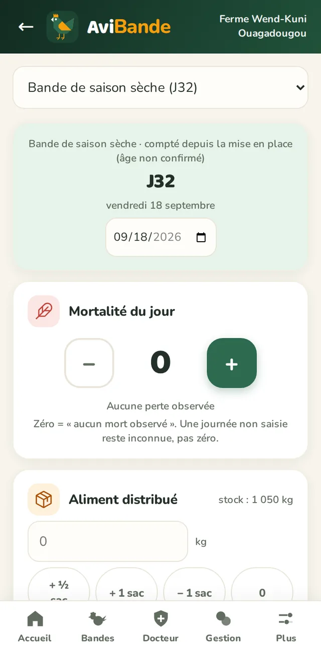 Écran de saisie du jour : mortalité et sacs d'aliment