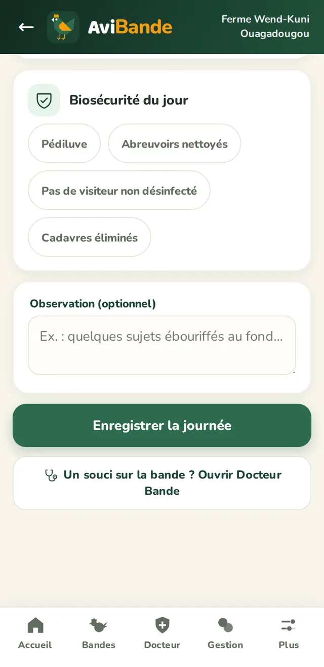 Bas de l'écran de saisie : cases de biosécurité, champ d'observation et bouton d'enregistrement
