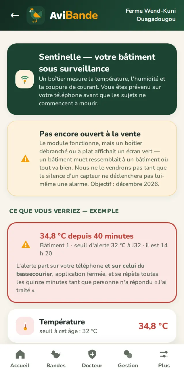 Écran Sentinelle avec l'avertissement pas encore ouvert à la vente et un exemple d'alerte de température