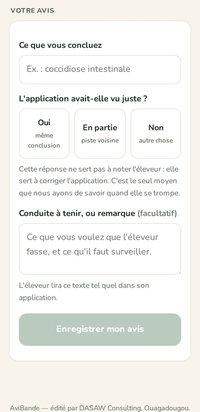 Formulaire de réponse : ce que vous concluez, l'application avait-elle vu juste, conduite à tenir