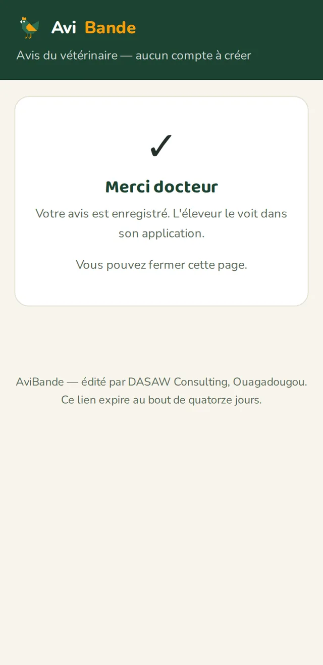 Écran de confirmation : merci docteur, votre avis est enregistré