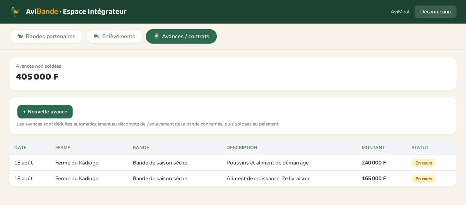 Console de l'acheteur, onglet Avances : 405 000 F non soldés, et deux avances sur la Bande de saison sèche de la Ferme du Kadiogo