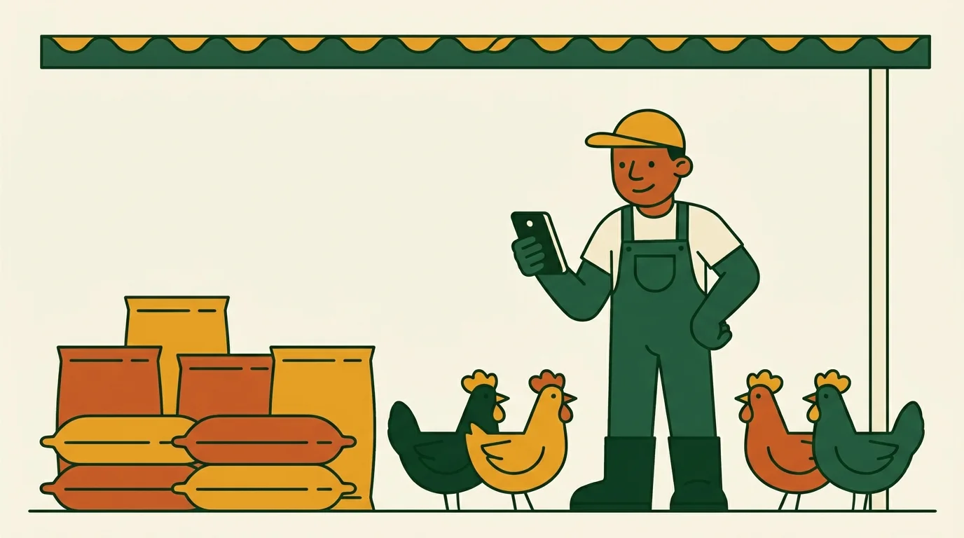 Un éleveur debout dans son bâtiment, le téléphone dans une main, saisit la journée pendant que les poulets s'alimentent