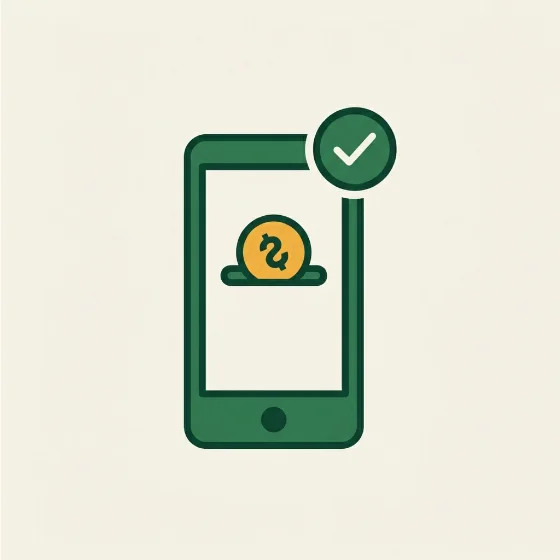 Un téléphone recevant une pièce de mobile money, avec une pastille verte de validation