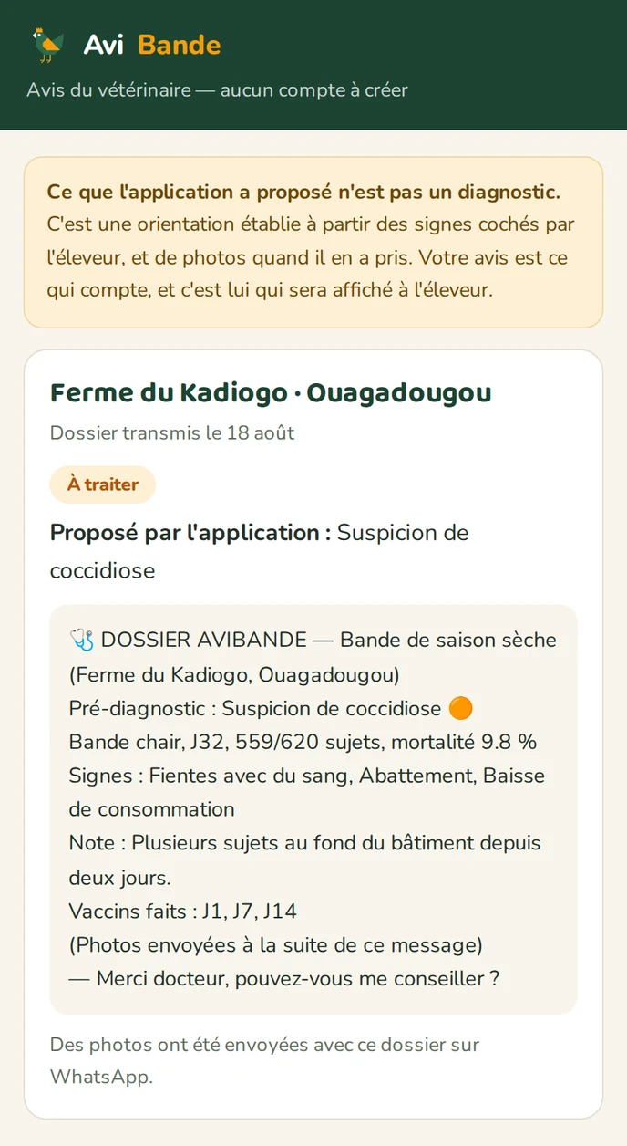 Page reçue par le vétérinaire : avertissement sur la nature de la proposition, puis le dossier de la Ferme du Kadiogo — suspicion de coccidiose, bande chair J32, 559 sur 620 sujets, mortalité 9,8 %, signes et vaccins