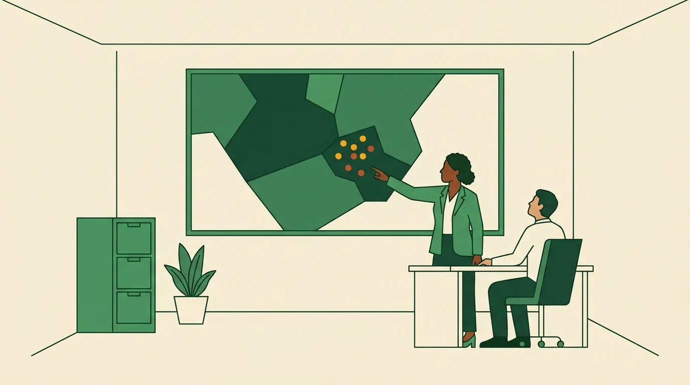 Dessin d'intention : dans un bureau, un grand écran mural affiche une carte de districts en aplats verts, avec des points ambre groupés sur une seule zone ; deux agents la regardent