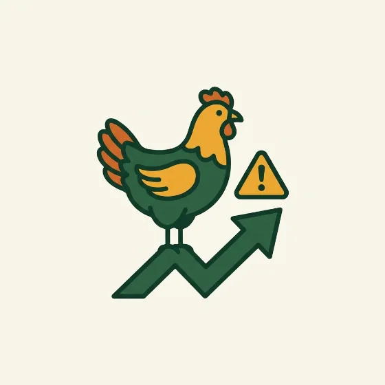 Une poule debout sur une flèche qui monte, à côté d'un triangle d'avertissement ambre